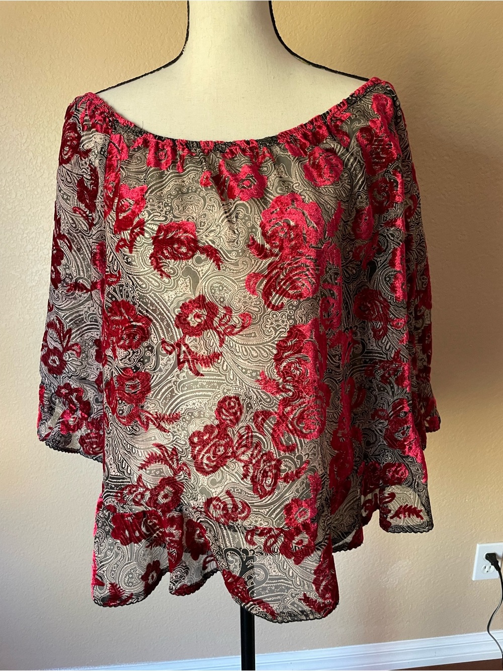 Y2K Velvet Burnout sheer Paisley Off-The-Shoulder Top XL Boho Whimsigoth